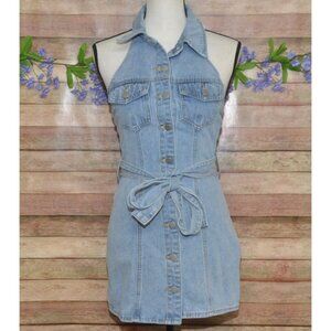 Shein Denim Blue Jean Halter Dress Size XS Sexy Classic Bodycon Button Front